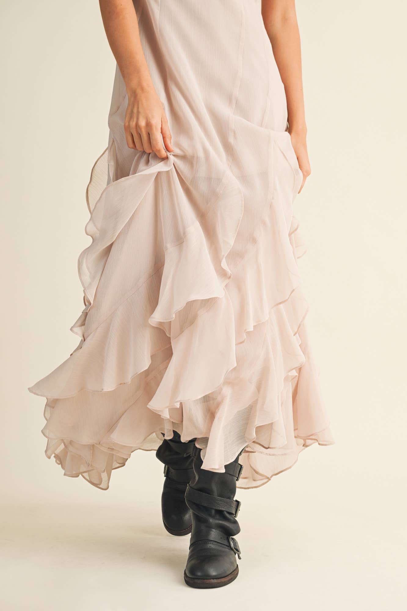 The Luna Ruffle Maxi Dress –Light Beige