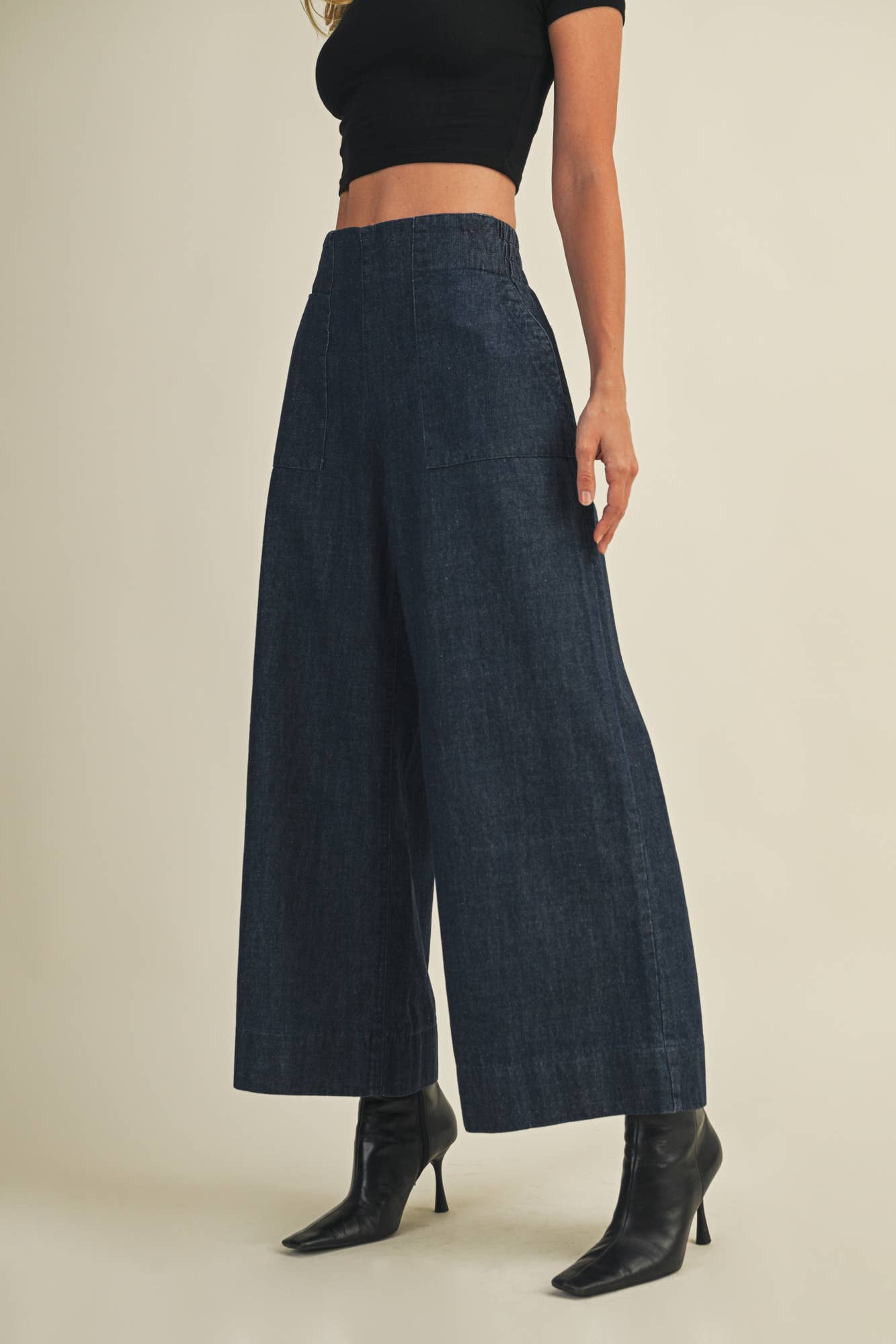 Dark indigo wide-leg denim for elevated casual style.