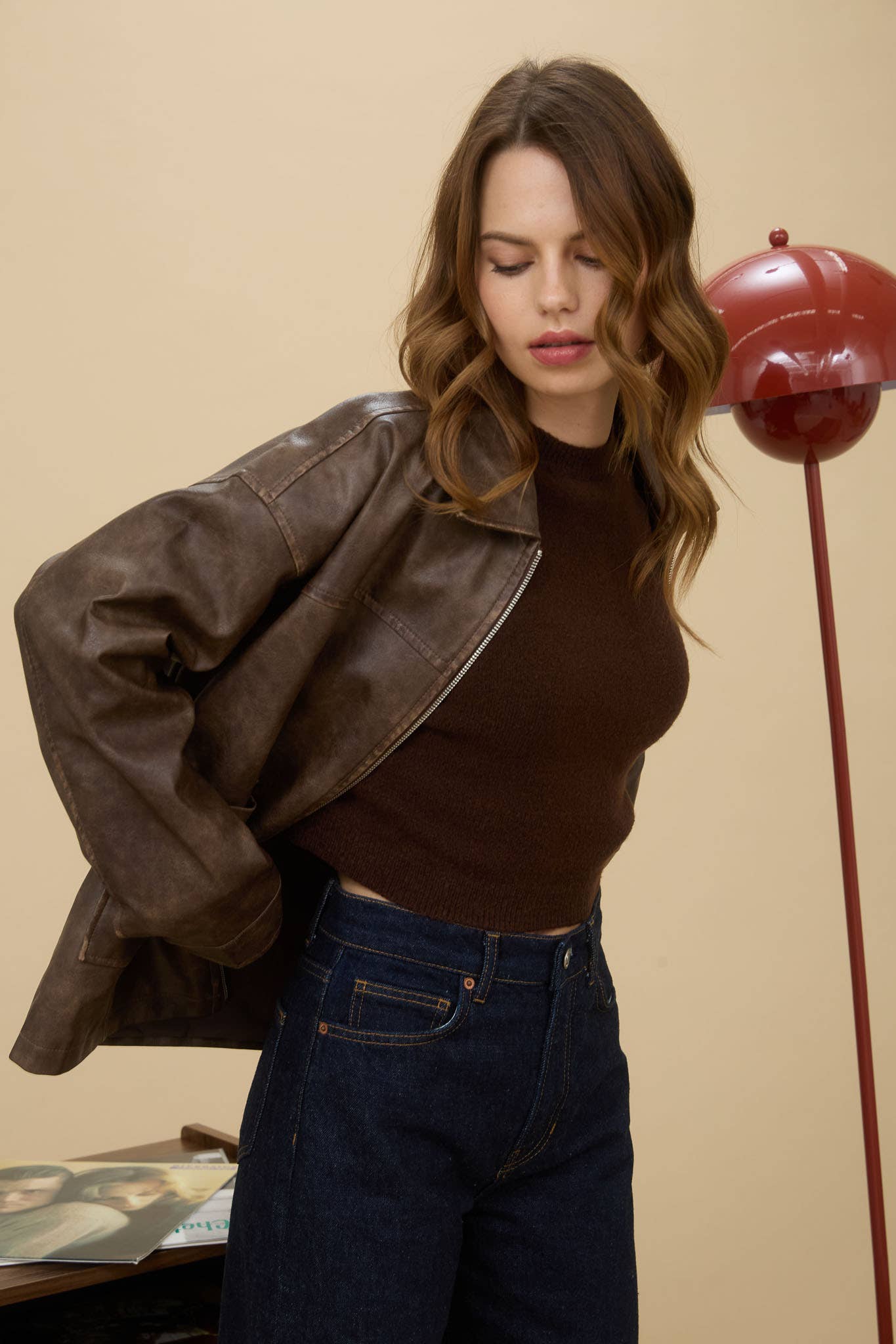 Pre-order-The Sydney Classic Faux Leather Jacket – Brown Vintage Zip-Up Coat