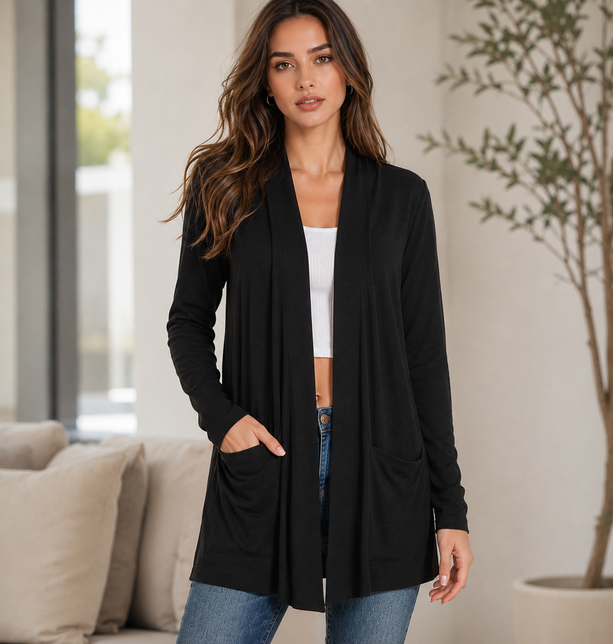 The Arden Black Open-Front Cardigan with Pockets