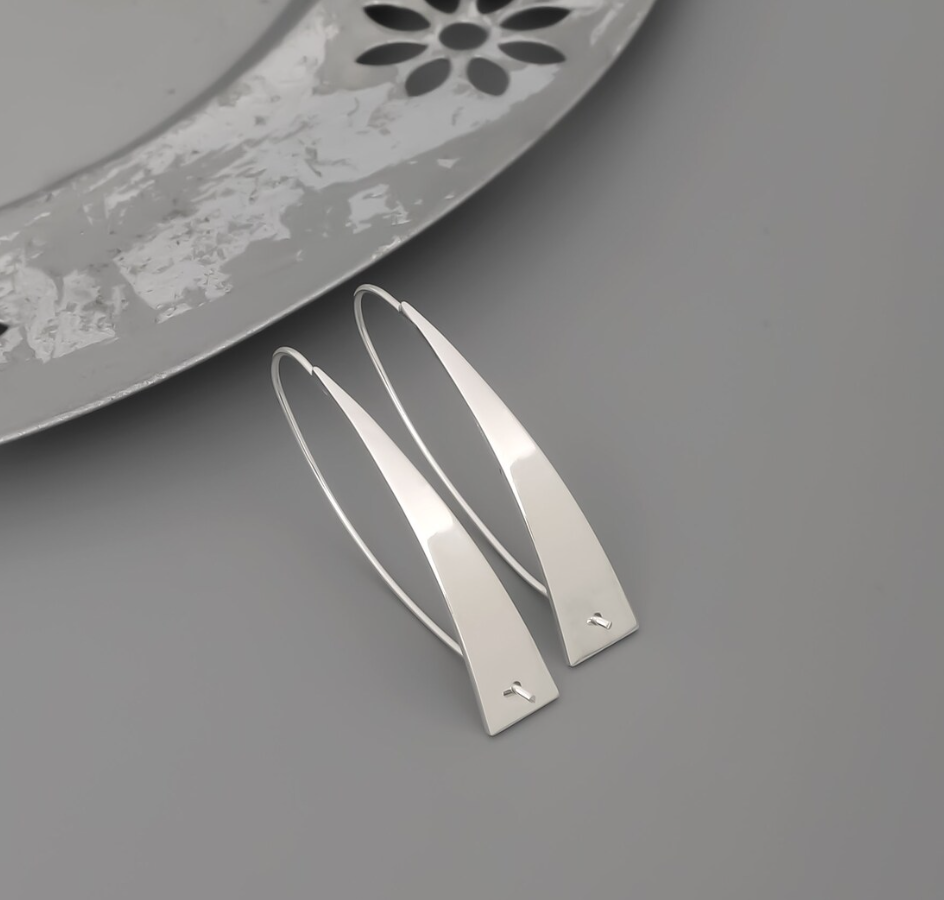 Solid 925 Sterling Silver Oval Long Triangle Earrings