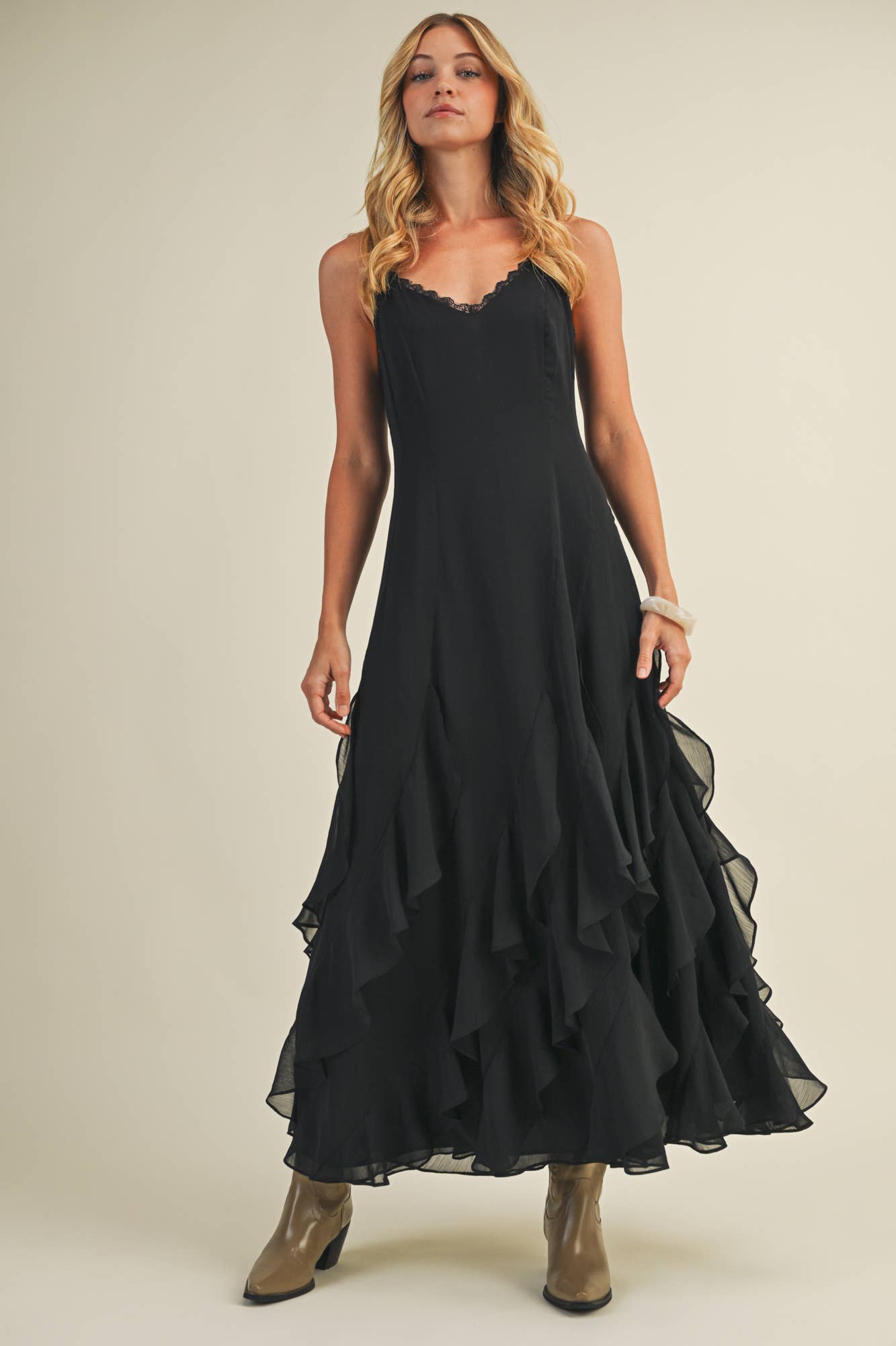 The Luna Ruffle Maxi Dress- Black