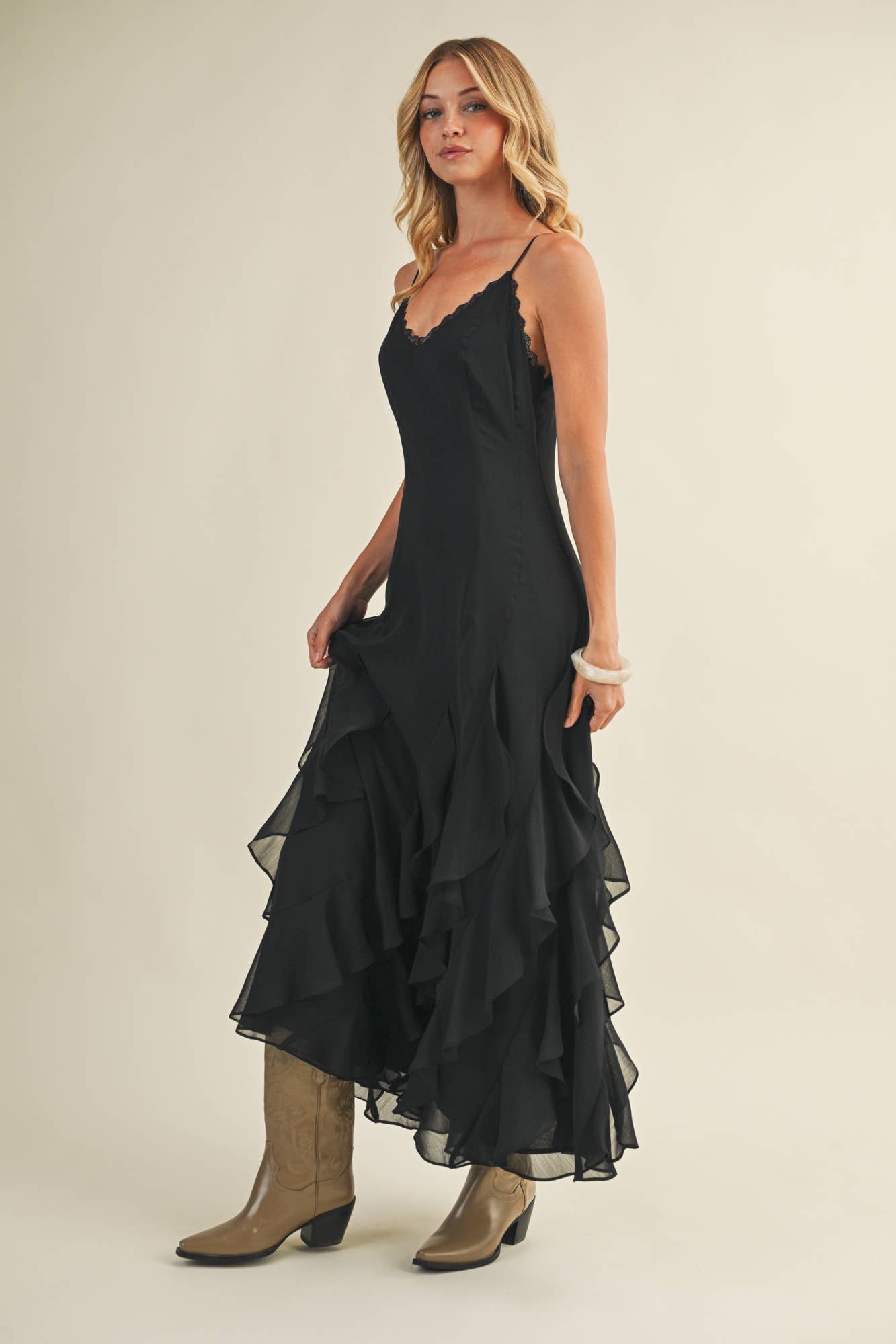 The Luna Ruffle Maxi Dress- Black