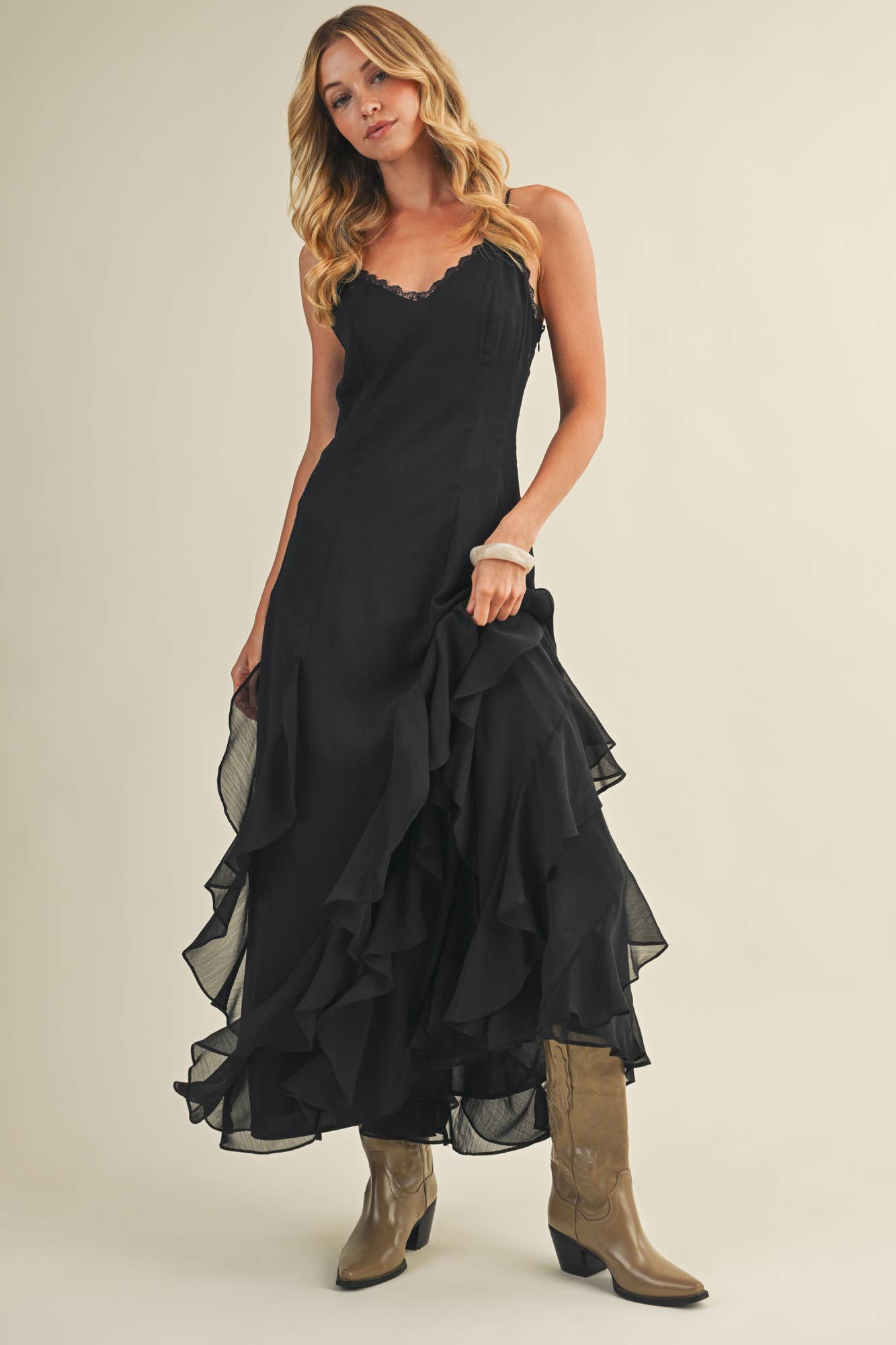 The Luna Ruffle Maxi Dress- Black