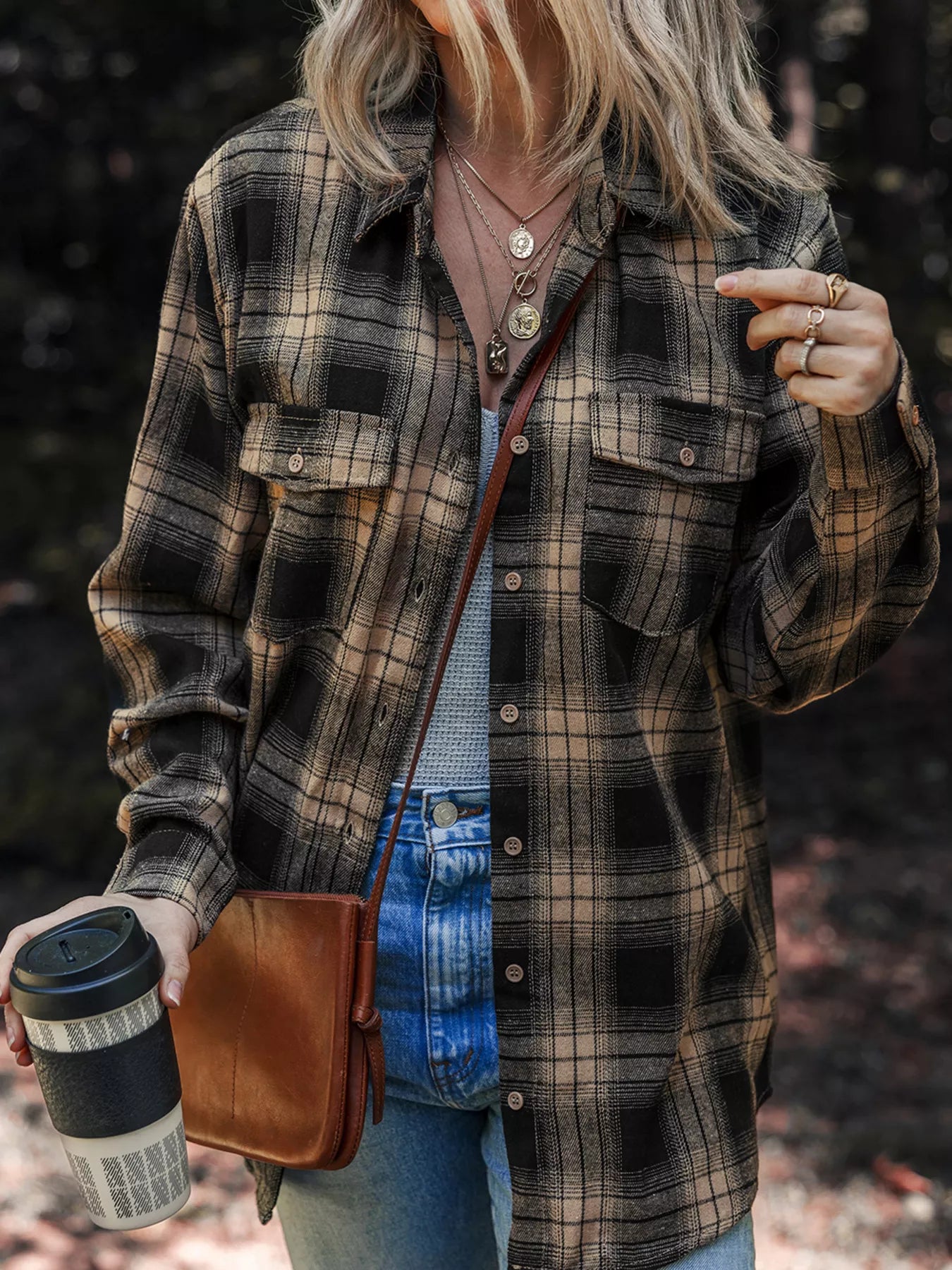 Soft brushed flannel shirt styled with jeans and layered necklaces.