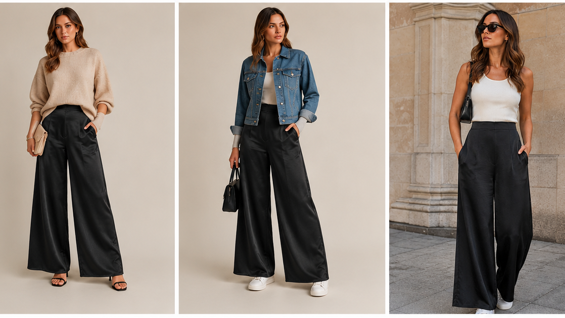 The Aria Black Satin Wide-Leg Pants – Back Zip