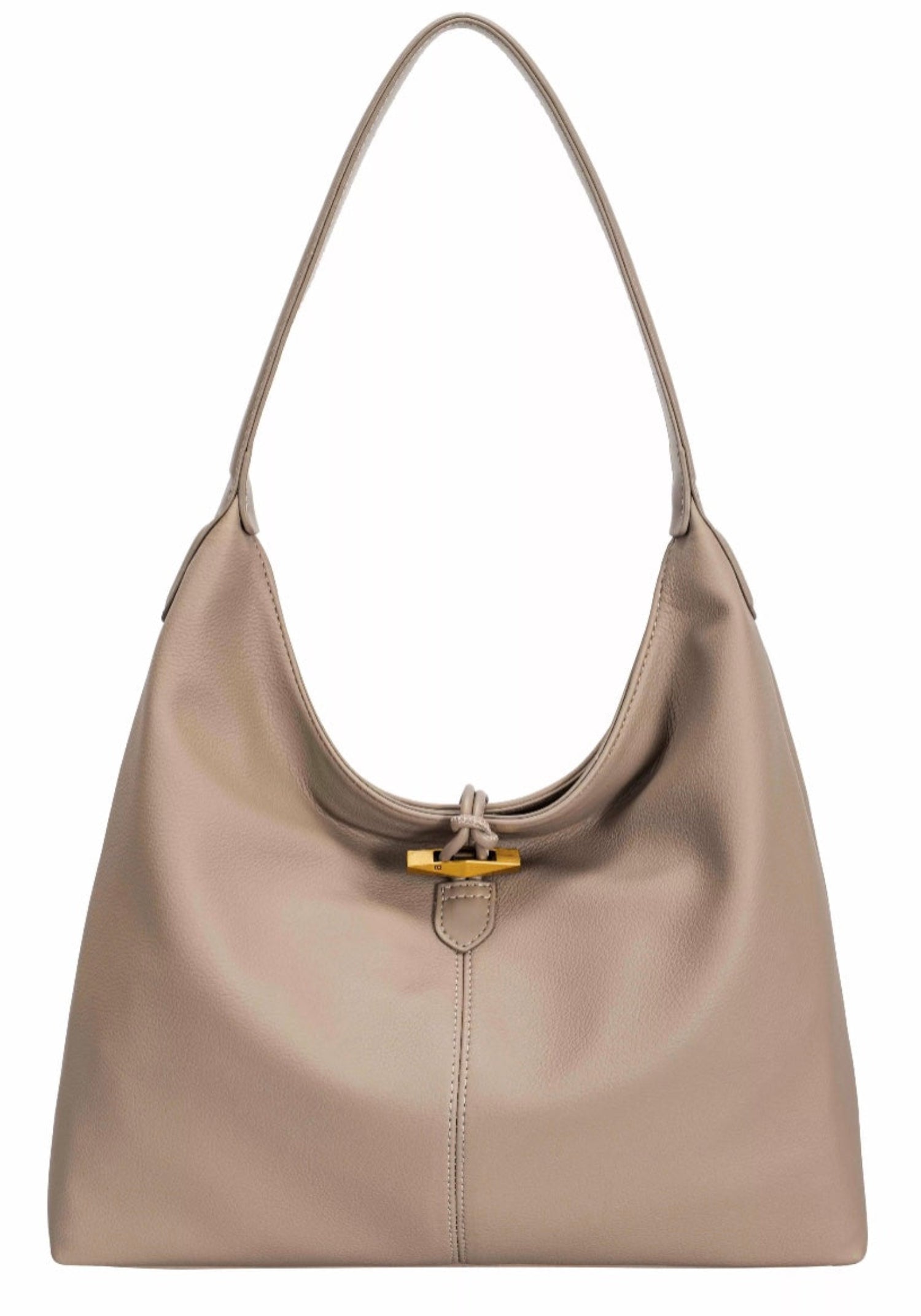 Beige handbag with a gold clasp on a white background