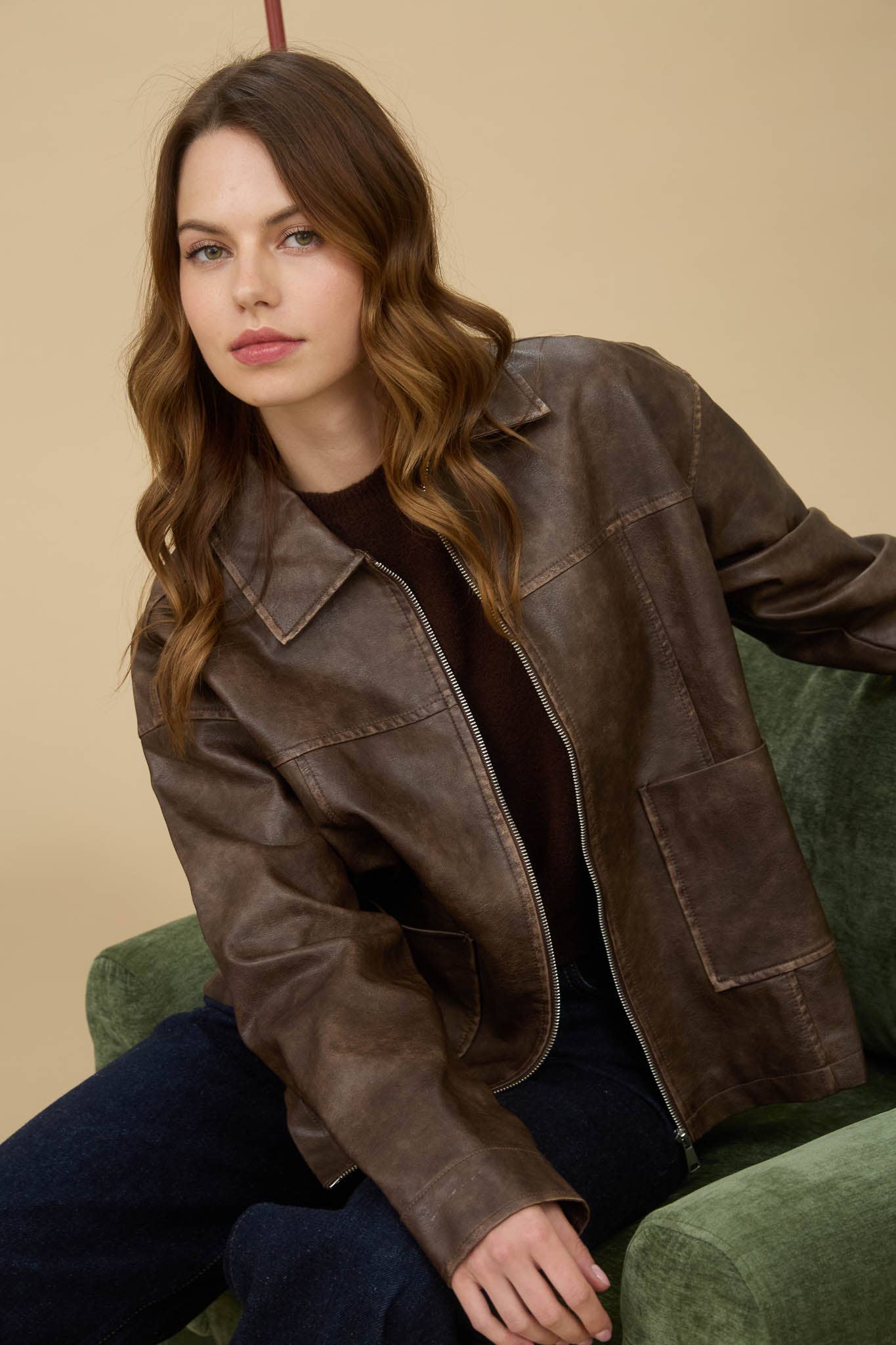 Pre-order-The Sydney Classic Faux Leather Jacket – Brown Vintage Zip-Up Coat