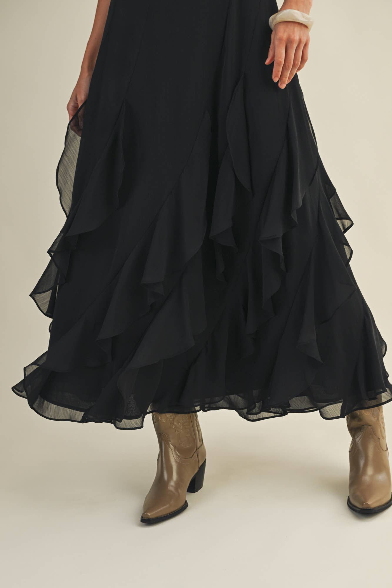 The Luna Ruffle Maxi Dress- Black