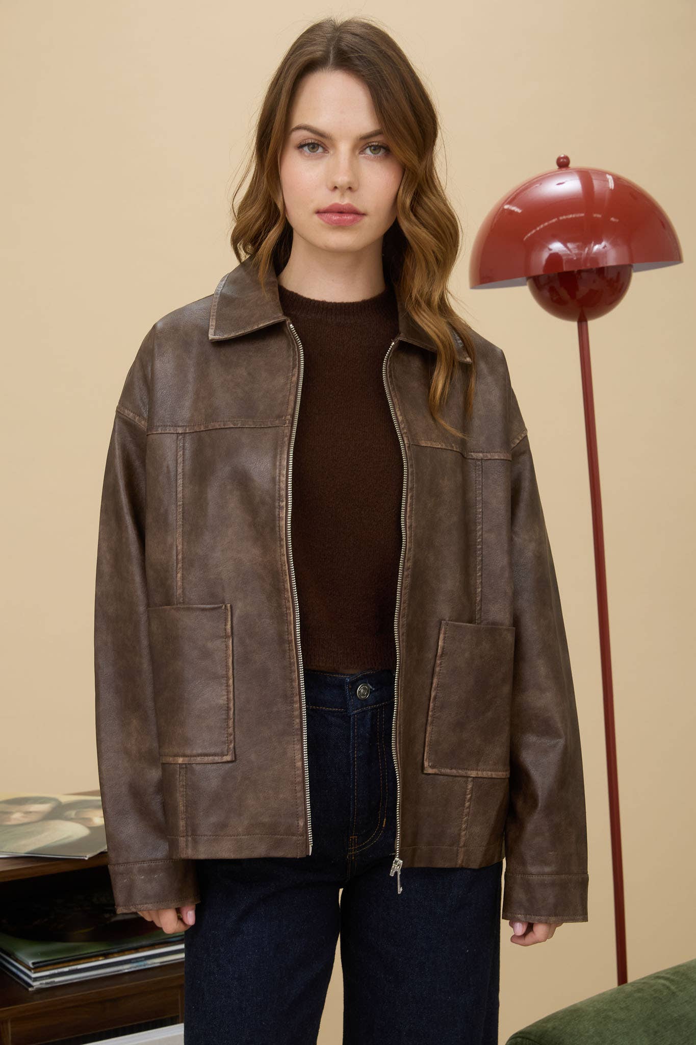 Pre-order-The Sydney Classic Faux Leather Jacket – Brown Vintage Zip-Up Coat