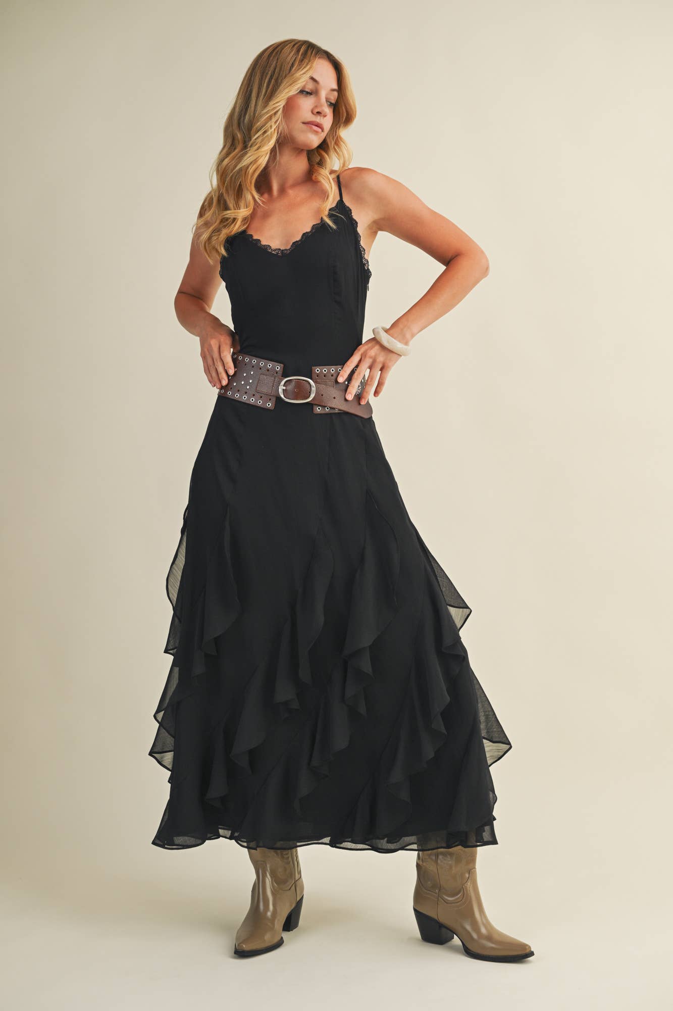 The Luna Ruffle Maxi Dress- Black