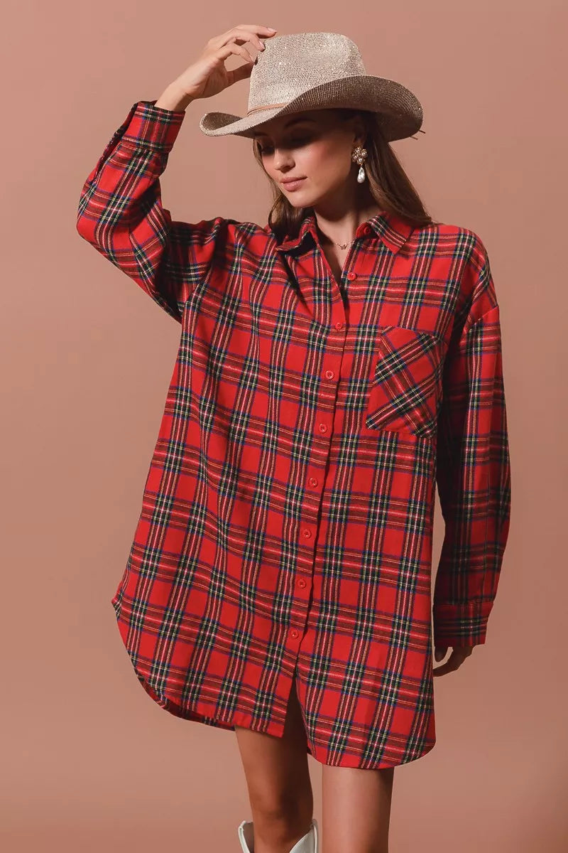 Red plaid shirt dress with button-down front.