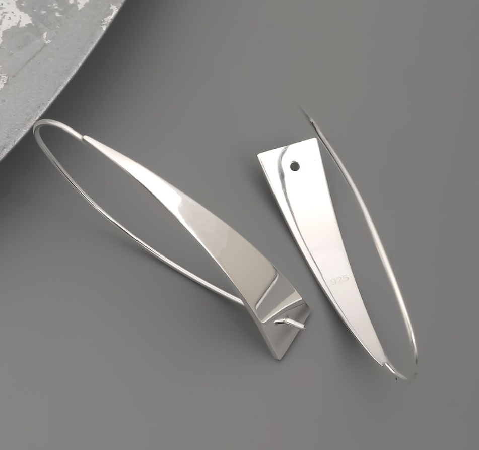 Solid 925 Sterling Silver Oval Long Triangle Earrings