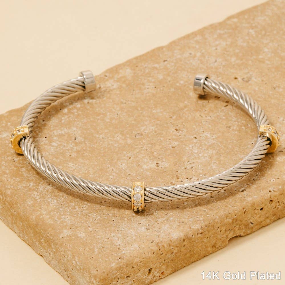 Sold Out- 14K Gold-Plated Cable Cuff Bracelet with CZ Accents- Almost Gone!