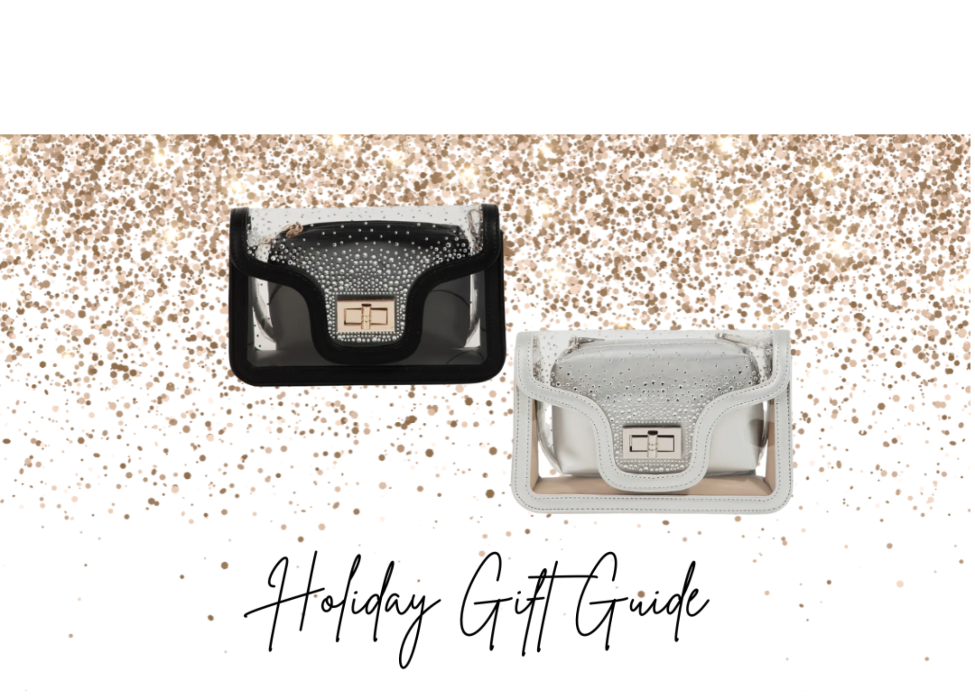 Two handbags on a glittery background with 'Holiday Gift Guide' text.